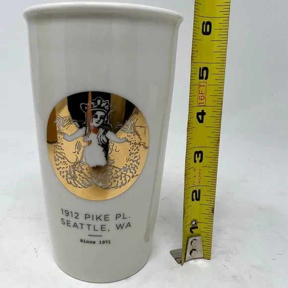 (SOLD)Starbucks Coffee White Porcelain and Gold Graphic Mug w/ Lid and Box - Picture 10 of 12